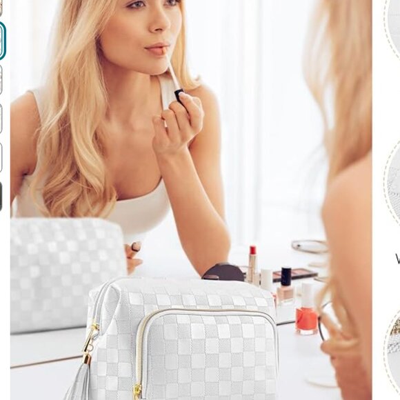 SuitShine Travel Makeup Bag Organizer PU Leather Checkered Cosmetic Bag - Picture 7 of 10